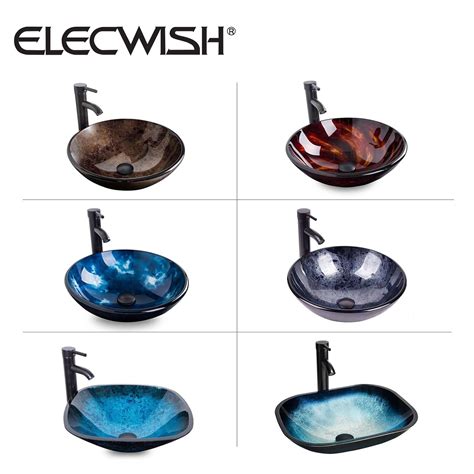 Elecwish Bathroom Vessel Sink Painted Glass Counter Top Basin Bowl With