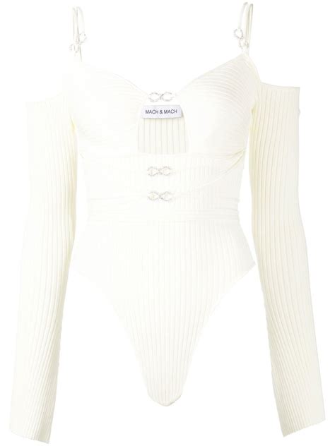 Mach Mach Ribbed Knit Cut Out Bodysuit In White Modesens