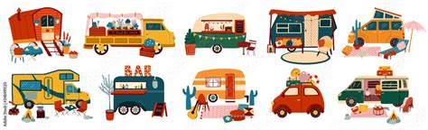 Vans And Trailers Vehicles Set Of Travel Caravans For Camper Vintage