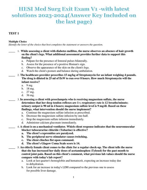 Solution Hesi Med Surg Exit Exam V1 With Latest Solutions 2023 2024