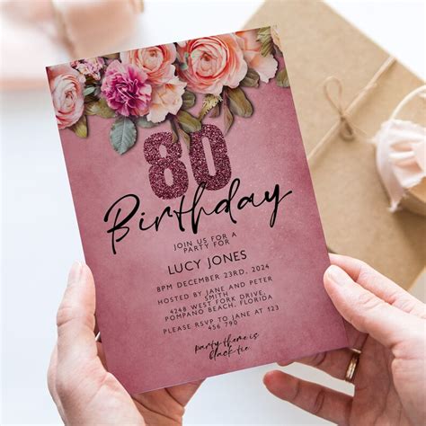 80th Birthday Invitation Template Editable Floral Birthday Etsy Uk