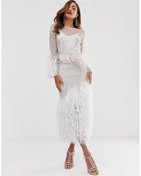 Asos Embellished Showgirl Midi Dress With Faux Feathers In White Lyst