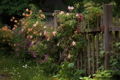 Premium AI Image | Fence covered in climbing vines and flowering blooms