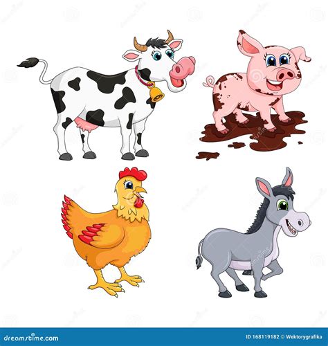 Farm Animal Set. Cow, Pig, Donkey, Hen Design Isolated On White ...