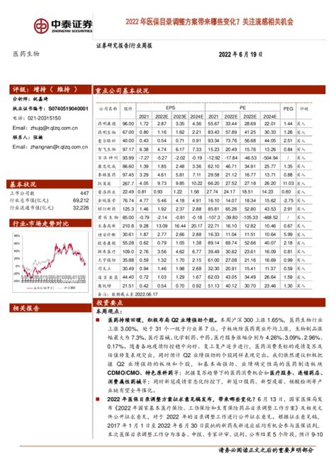 医药生物行业周报：2022年医保目录调整方案带来哪些变化？关注流感相关机会