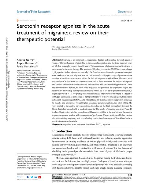 Pdf Serotonin Receptor Agonists In The Acute Treatment Of Migraine A Review On Their