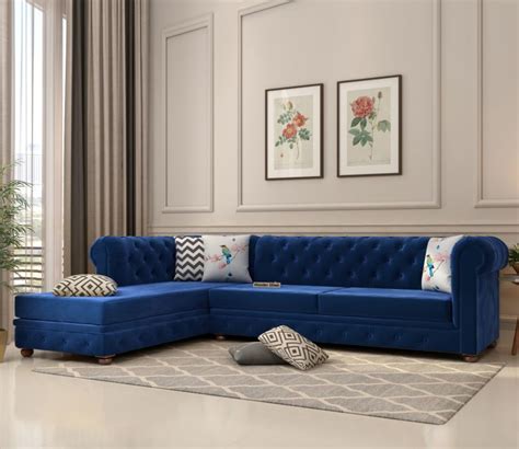 Buy Henry L Shape Left Aligned Corner Sofa Velvet Indigo Blue