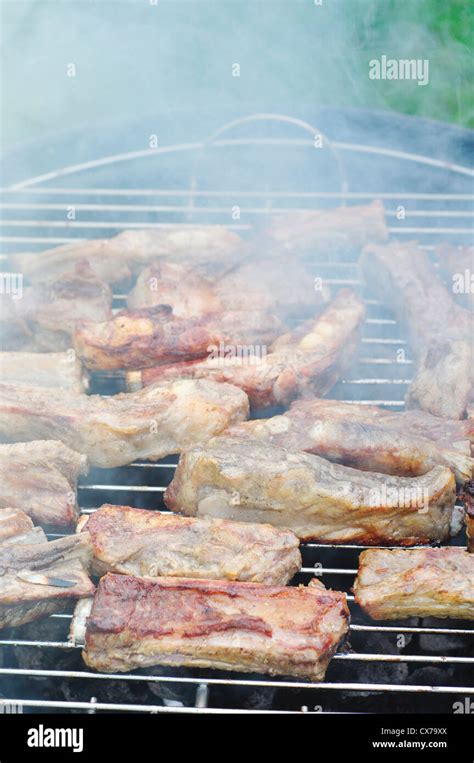 Barbecue Pork Ribs In A Small Portable Barbeque Stock Photo Alamy