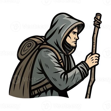 Adventure Seeker Trekker with Backpack and Walking Stick on Transparent