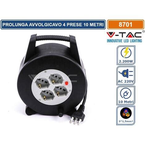 V TAC PROLUNGA AVVOLGICAVO SPINA 16A E 4 PRESE 10 16A BIPASSO SCHUKO