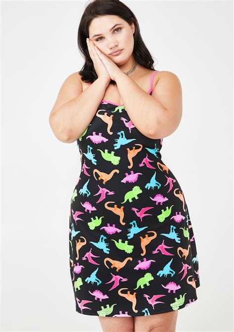 Plus Size Delias Dinosaur Print Fit Flare Mini Dress Black | Dolls Kill