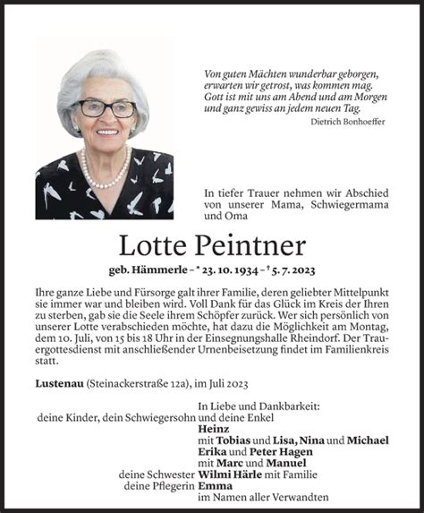 Todesanzeigen Von Lotte Peintner Todesanzeigen Vorarlberger Nachrichten