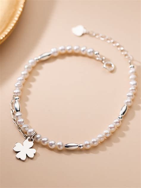 Sterling Silver Imitation Pearl Flower Minimalist Bracelet