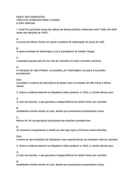 Questoes Enem Era Vargas - Questoes A Era Vargas Ciências Humanas para o Enem | PDF | Brasil