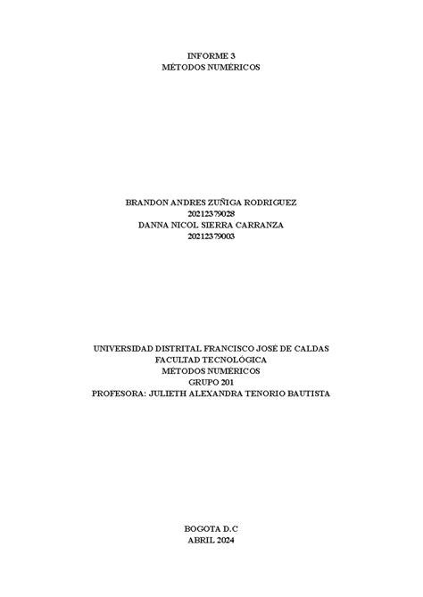 Informe 3 Mètodos TALLER INFORME 3 MÉTODOS NUMÉRICOS BRANDON ANDRES