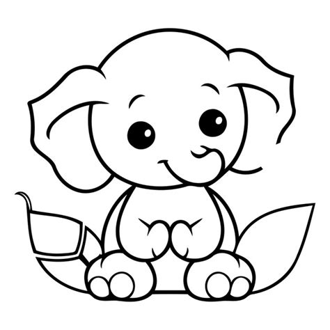 Elefante lindo con hojas en fondo blanco Ilustración de dibujos