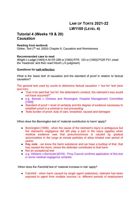 Utf Causation Tutorial Sheet Level Lw Law