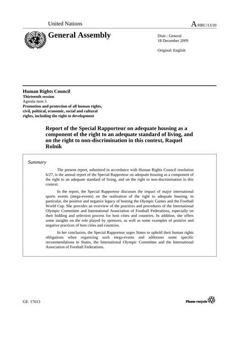 Pdf Report Of The Special Rapporteur On Adequate Housing As A