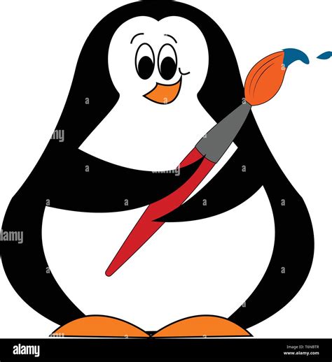 A big fat penguin with small painting brush vector color drawing or ...