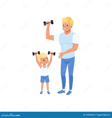 Smiling Father and His Son Exercising with Dumbbells at Gym. Happy ...