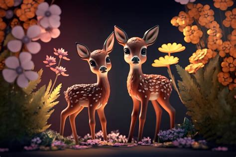 Premium Photo | Two cute fawns and flowers realistic generative ai