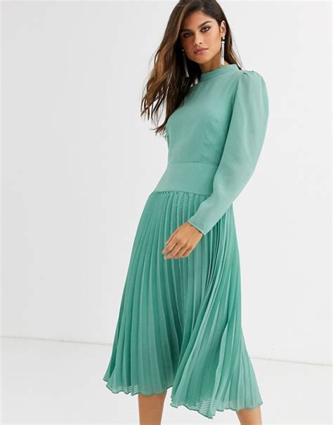 Asos Design High Neck Pleated Midi Dress With Long Sleeves Asos