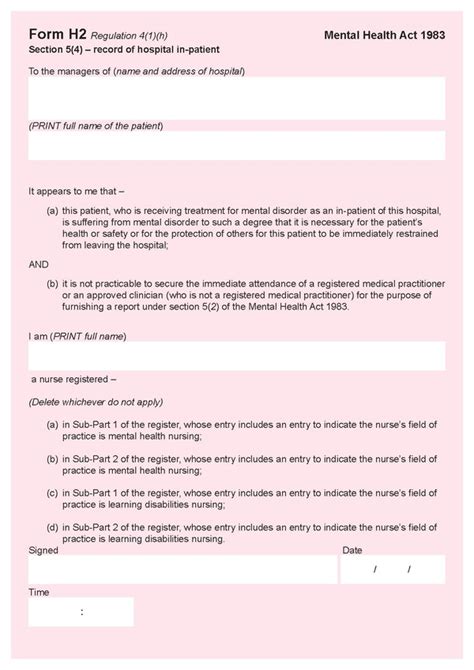 Form H Section Record Of Hospital In Patient Mental Health