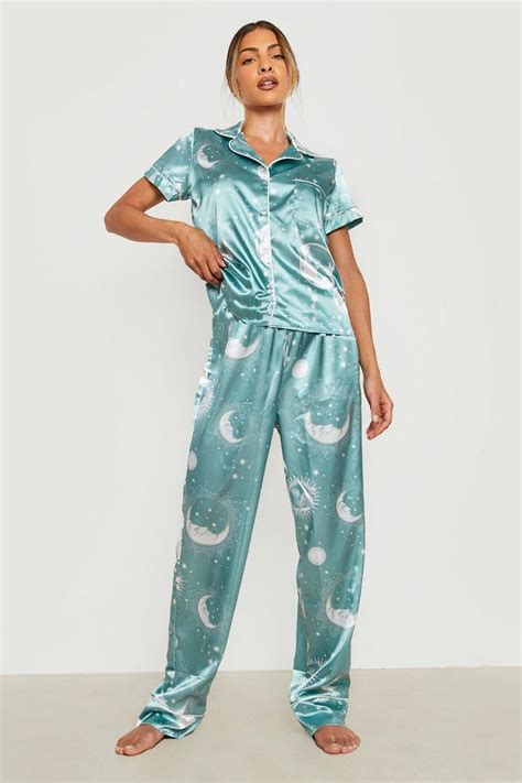 Womens Celestial Print Satin Pyjama Trouser Set Boohoo Uk