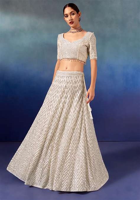 Buy Women Ivory Chevron Sequin Embroidered Lehenga Set With Embroidered