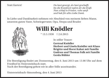 Traueranzeigen Von Willi Kn Dler Trauerundgedenken De