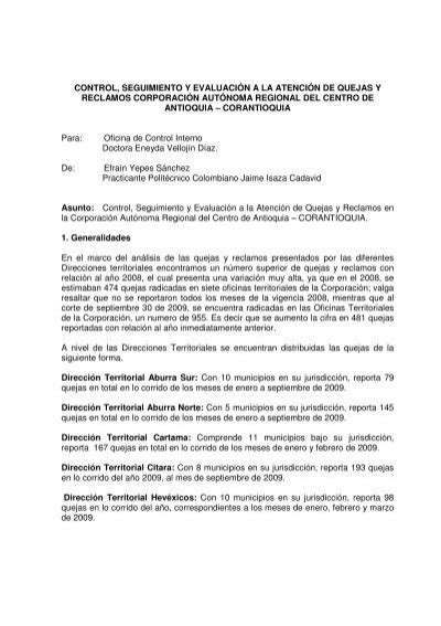 Informe De Quejas Y Reclamos Corantioquia