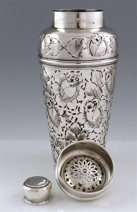 Large Tiffany Sterling Silver Cocktail Shaker With Chased Roses