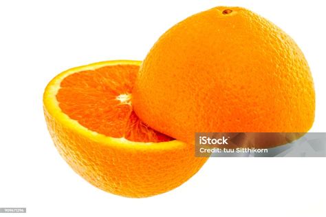 Close Up Of Fresh Orange Orange Cut Half Isolated On White Background