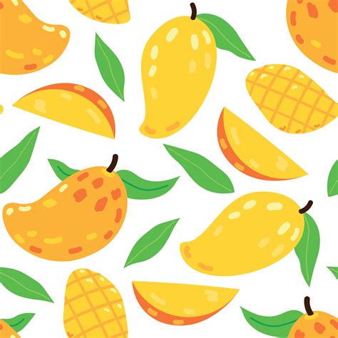 Seamless Pattern With Cute Mango Fruit And Mango Slices Vector