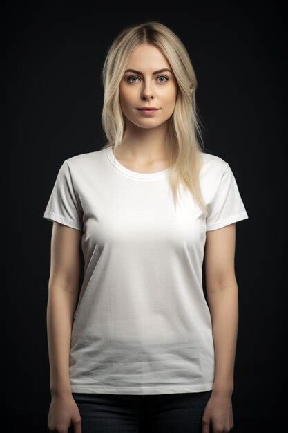 Premium Ai Image A Blonde Woman In A White T Shirt Stands In Front Of A Black Background