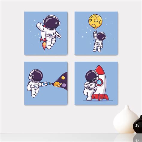 Kit 4 Quadros Decorativos Astronauta Espaço Foguete Planetas Infantil