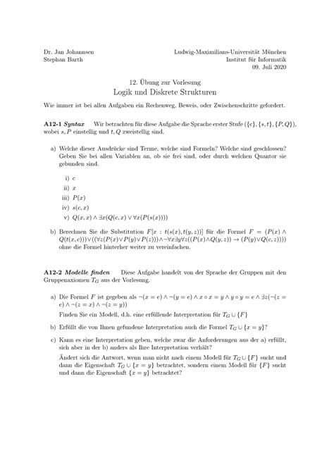 LDS Übungsblatt 12 Logik und Diskrete Strukturen LMU Studocu