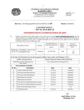 Fillable Online 65 Dated TENDER NOTICE NIT No 65 Of 2021 22