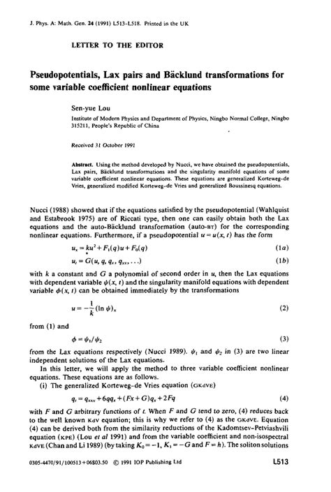 PDF Pseudopotentials Lax Pairs And Backlund Transformations For Some