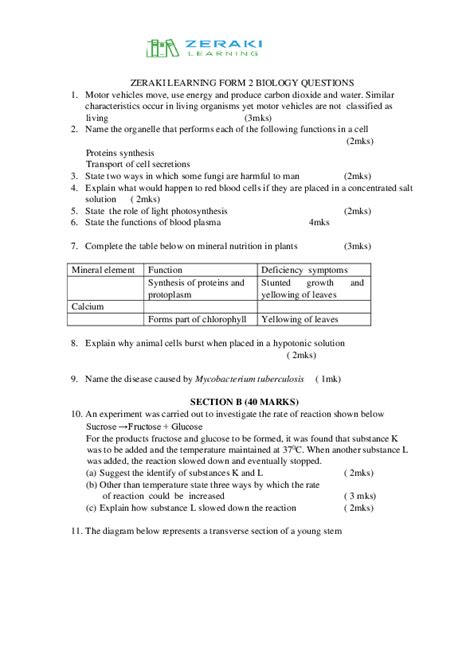 Pdf Zeraki Learning Form 2 Biology Questions