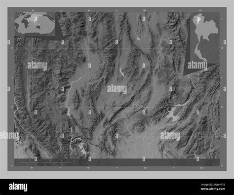 Lampang Province Of Thailand Grayscale Elevation Map With Lakes And