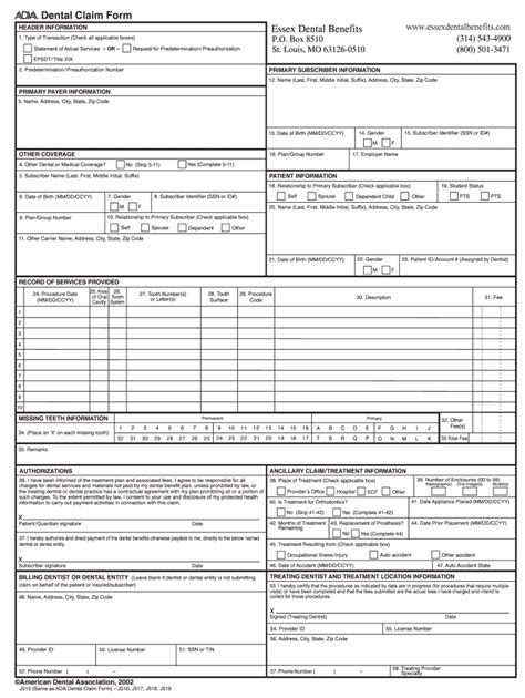 Fillable Online Hr Wustl Dental Claim Form Header Information Essex