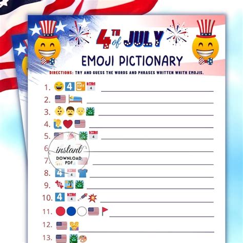 Fourth Of July Emoji Pictionary Printable Fourth Of July Etsy