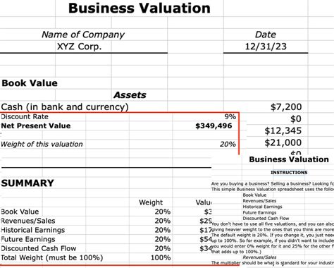 Business Valuation Excel Worksheet Template - Etsy