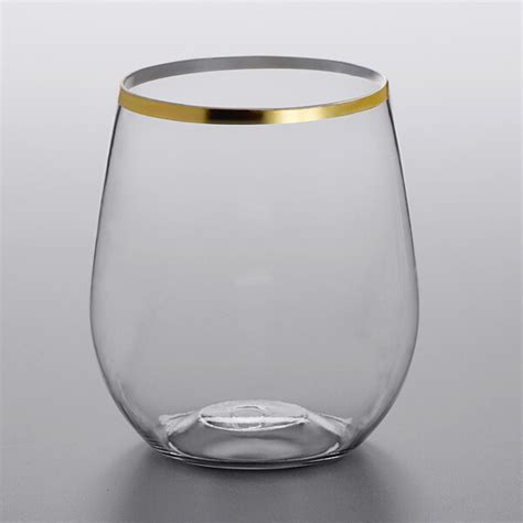 Visions 12 Oz Heavy Weight Clear Plastic Stemless Wine Glass With Gold