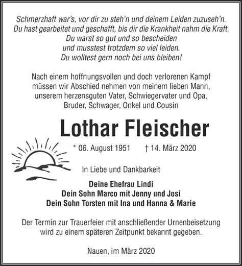 Traueranzeigen Von Lothar Fleischer M Rkische Onlinezeitung Trauerportal