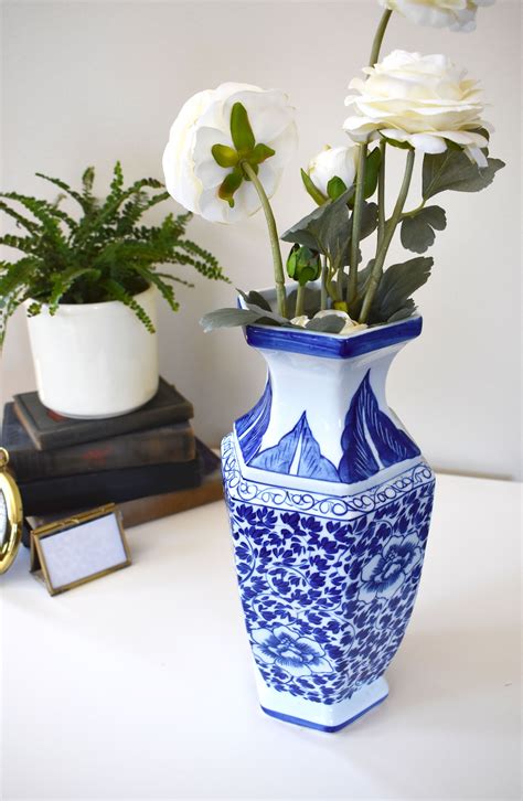 Blue And White Vintage Floral Vase Ceramic Large Antique Blue