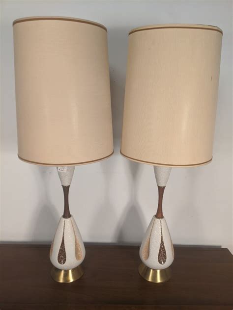 Pair Mid Century Modern Ceramic Table Lamps Walnut Necks Epoch