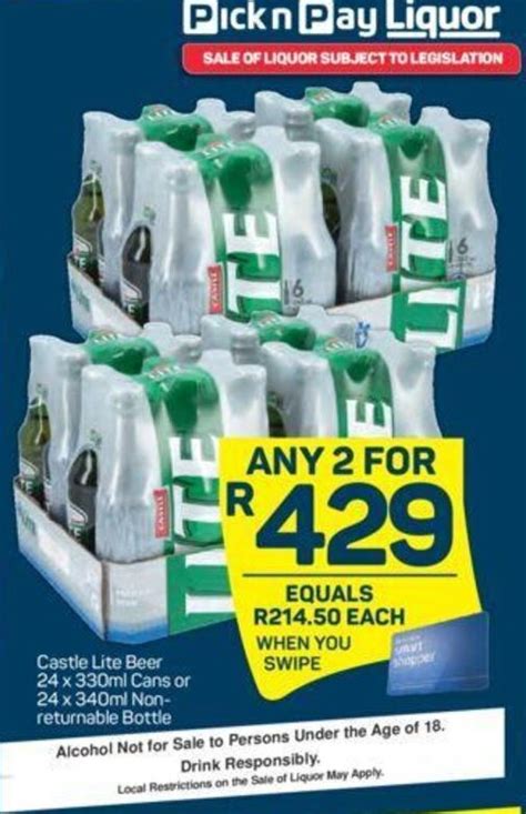 Castle Lite Beer 24x330ml Cans Or 24x340ml Non Returnable Bottle Offer