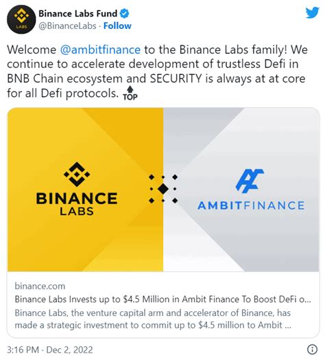 Binance Labs đầu tư 4 5 triệu USD vào Ambit Finance